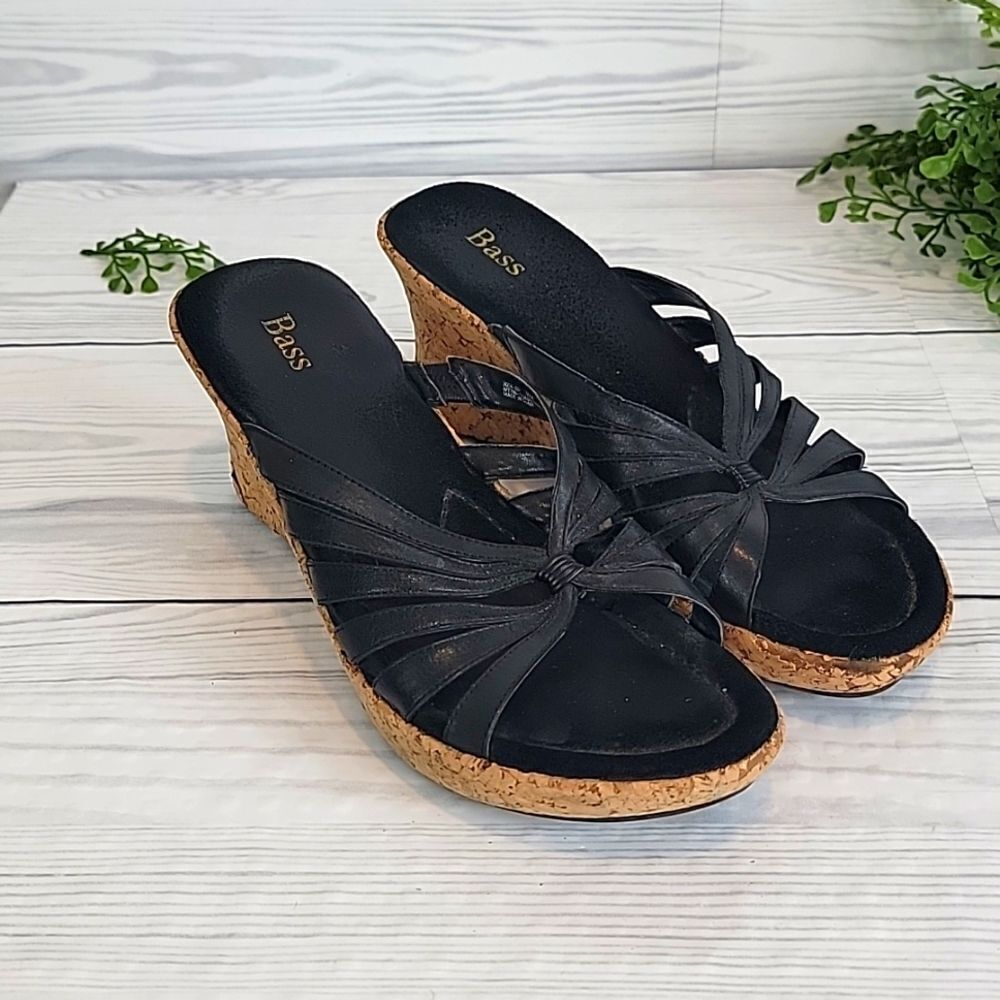 Bass Merlot slip-on cork wedge sandal in black Women's Size 9.5
